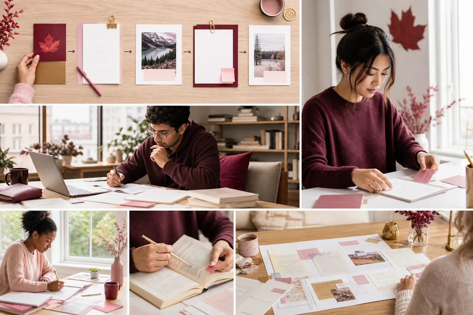 Writer arranging study notes beside an open notebook